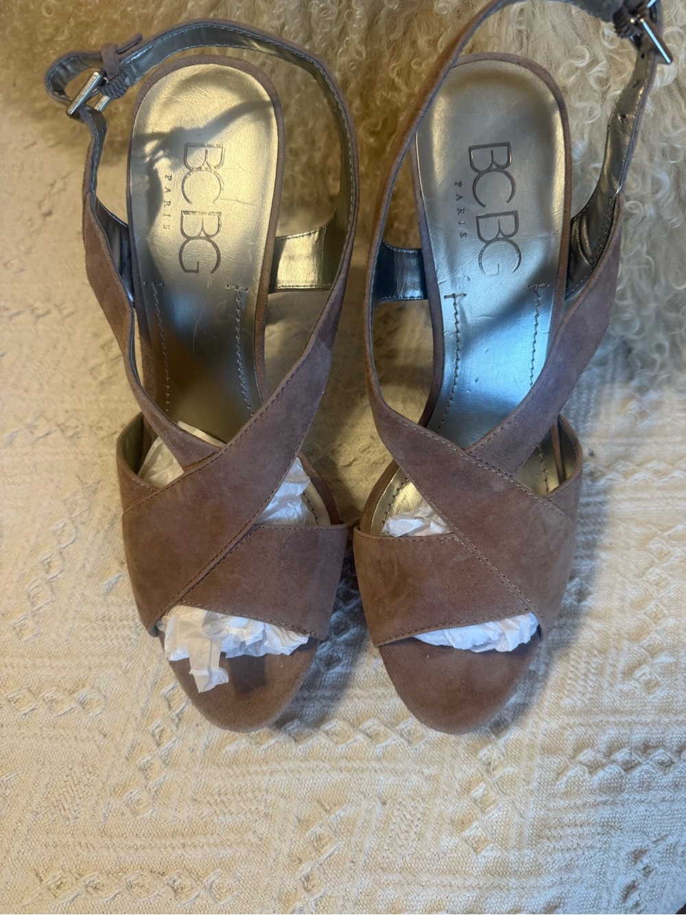 BCBG Paris Taupe Brown Suede Crisscross Wedge Sandals